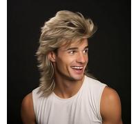 Creamily Parrucca Mullet, divertente adulti, pop rock, parrucca Joe Dirt per anni '70|'80, corta bionda uomo, strati,capelli sintetici naturali soffici, per Halloween, cosplay, feste, uso quotidiano