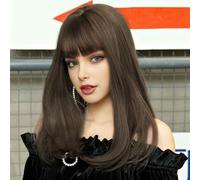 Creamily Parrucca Sintetica Liscia Castano Scuro da 20 Pollici, Lunghezza Spalle, Lunghezza Media, per Feste di Halloween, da Indossare Tutti i Giorni, per Donne