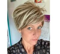 Creamily Parrucche bionde corte per donne, parrucca Pixie Cut con frangia, parrucche sintetiche a strati naturali per donne, mix biondo castano