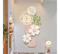 Creamy Nordic 3D Wall Art with LED Lights, Frameless Crystal Porcelain Design, Pendulum Clock, and Realistic Greenery for Living Room, Dining, and Entryway Décor(E,40 * 80CM/15.7 * 31.5IN)
