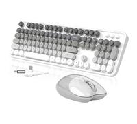 Creamy Tastiera e mouse wireless, MOFII 104 tasti rotondi retrò macchina da scrivere con OTG e pennello, ergonomica, ideale per PC Windows, casa, ufficio e università, grigio bianco
