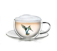 Creano 1 Tazza con piattino Termica Doppia Parete 250ml con Motivo Colibrì - Bicchiere Vetro Borosilicato Stampa Uccello blu - Coppa Termica Latte Macchiato Tè Ideale Regalo - 1x 250ml