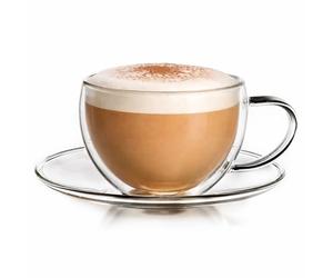 Creano 1 Tazza Termica Doppia Parete 250ml con Manico e Piattino - Bicchiere Vetro Borosilicato - Coppa Termica Latte Macchiato Tè Ideale Regalo - 1x 250ml