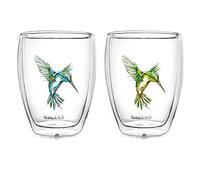 Creano 2 Bicchieri Termici Doppia Parete 250ml Colibrì - Bicchieri Vetro Borosilicato Stampa Uccello blu e verde - Tazza Termica Latte Macchiato Ideale Regalo - 2x 250ml