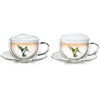 Creano 2 Tazze con piattini Termici Doppia Parete 250ml con Motivo Colibrì - Bicchiere Vetro Borosilicato Stampa Uccello blu e verde - Coppa Termica Latte Macchiato Ideale Regalo - 2x 250ml