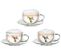 Creano 3 Tazze con piattini Termici Doppia Parete 250ml con Motivo Colibrì - Bicchiere Vetro Borosilicato Stampa Uccello verde rosso blu - Coppa Termica Latte Macchiato Ideale Regalo - Set 3x 250ml