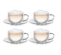 Creano 4 Tazze Termiche Doppia Parete 250ml Piattino - Bicchiere Vetro Borosilicato - Coppa Termica Latte Macchiato Tè Ideale Regalo - 4x 250ml