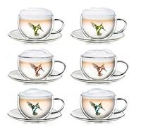 Creano 6x Tazza con piattino Termica Doppia Parete 250ml con Motivo Colibrì - Bicchiere Vetro Borosilicato Stampa Uccello verde blu rosso - Coppa Termica Latte Macchiato Ideale Regalo - Set 6x 250ml