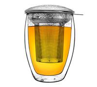 Creano Bicchiere da Tè 400ml a Doppia Parete in Vetro Borosilicato con Filtro in Acciaio Inox e Coperchio in Vetro - Tazza Termica Isolante per Tè e Infusi - 1x 400ml