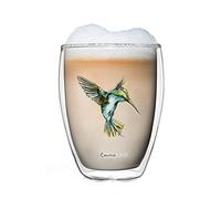 Creano Bicchiere Termico Doppia Parete 250ml Colibrì Ucello Blu - Bicchiere in Vetro Borosilicato con Stampa Uccello blu- Tazza Termica Latte Macchiato Ideale Regalo Elegante con Scatola - 1x 250ml