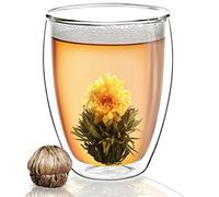Creano Bicchiere XXL a Doppia Parete - Vetro Termico Borosilicato Capacità 400ml Ideale per Caffè Tè e Bevande Calde EXTRA: incluso un Fiore di Tè -Idea Regalo Donna Uomo 1x 400ml con Tè Fiorito