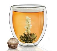 Creano Bicchiere XXL a Doppia Parete - Vetro Termico Borosilicato, Grande Capacità 400ml, Ideale per Caffè, Tè e Bevande Calde Extra: INCLUSO un Fiore di Tè -Idea Regalo - Donna Uomo