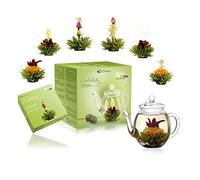 Creano - Set regalo con caraffa in vetro e tè verde aromatizzato alla frutta (6 varietà di fiori da tè), con sfere che si trasformano in fiori, idea regalo per Natale
