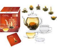 Creano Mix Fiori di Tè - Set da regalo - Set fiori di Tè - Gourmet Set con caraffa di vetro e tazze da tè bianco (6 diverse varietà)