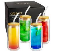 Creano Set 4 Bicchieri Doppia Parete 360ml con Coperchio in Bambù e Cannuccia - Ideale per Smoothie Bubble Tea Cocktail - Bicchieri Trasparenti Riutilizzabile Design Elegante - Set 4x 360ml
