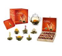 Creano - Set Mix di 6 Fiori di Tè Bianco e Teiera 500ml + 12 Fiori di Tè Bianco in scatola di Legno - Ideale Regalo Natale Donna Uomo San Valentino