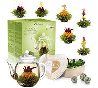 Creano Set Regalo Fiori di Tè - Miscela di 6 Tè Verdi con Fiori in Elegante Scatola di Legno + Teiera in Vetro 500ml