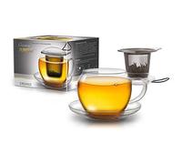Creano Tazza da tè JUMBO in Vetro con Manico e Filtro Integrato in Acciaio Inox, Coperchio in vetro e Piattino | 450ml