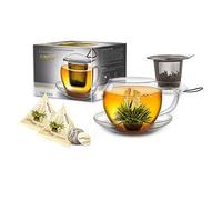 Creano Tazza da tè XXL con Manico Jumbo con colino Integrato in Acciaio Inossidabile, Coperchio e piattino in Set con 2 'Erblühtee'lini, 450 ml Set Trasparente da 3 Pezzi