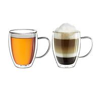 Creano Tazza Thermos a Doppia Parete in Vetro Borosilicato con Manico - 2x 250ml DG-SH - Set 2 Pezzi per Cappuccino Caffè Tè Latte Bicchieri Isolanti Trasparenti Design Elegante Regalo Perfetto