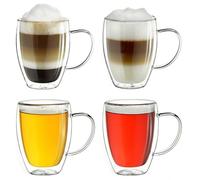 Creano Tazza Thermos a Doppia Parete in Vetro Borosilicato con Manico - 4x 400ml DG-SH - Set 4 Pezzi per Cappuccino Caffè Tè Latte Bicchieri Isolanti Trasparenti Design Elegante Regalo Perfetto