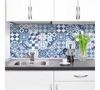 Pannello Paraschizzi Cucina Adesivo da Parete Facile da Applicare Cementine Azzurre 260 x 60 cm 100% Made in Italy, Ignifugo e Resistente all'Acqua Paraspruzzi Lavandino in PVC