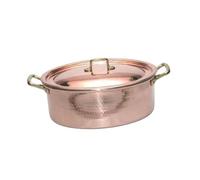 CREARTISTIC Casseruola Ovale in rame stagnato - Pentola 31 x 22 cm, H 12 cm, Con 2 maniglie in ottone 4 cm, Con coperchio, Pirofila da forno, Rostiera forno 100% Made in Italy - Fatto a mano