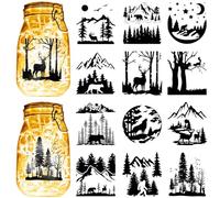 CREATCABIN 12 pz. Foresta Montagne Sagome Barattolo di Vetro Decor Animali Taglio Laser Cartone Scrapbook Ritagli Fustellati PVC per Artigianato Lanterna Barattoli Pittura Murale Finestre Vetro 10x9cm