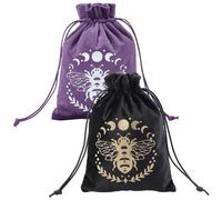 CREATCABIN 2 Borse Portaoggetti in Velluto per Carte dei Tarocchi, Dadi e Gioielli, Nere e Viola, Fasi della Luna, Api, 13.5x18cm