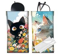 CREATCABIN 2 Custodia Occhiali Sole in Pelle Morbida Portatile e Sottile A Forma Gatto e Fiore Chiusura A Pressione Porta Occhiali Viaggio Impermeabile Panno La Pulizia Regalo Donne e Uomini 18x9cm