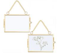 CREATCABIN 2 Pezzo Cornice per Fiori Pressati Dorati Mini Cornice Vetro Appendere Cornice Portafoto Galleggiante Trasparente A Doppia Pressatura Catena per Esporre Piante Secche Decorazione 9x6.4cm
