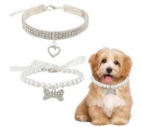 CREATCABIN 2 pz 2 Stili Collana per CaniStrass Bling Collana per Animali Domestici Regolabile Fiocco Bianco Perle Finte Fiocco Cani Osso Cuore Ciondolo Collari per Gatti Cucciolo Festa 28cm; 25.8cm