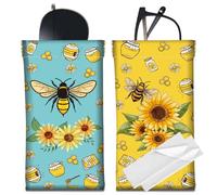 CREATCABIN 2 pz Custodia Occhiali in Pelle Portatile Sottile Ape Girasole Custodia Occhiali Sole Borsa Parte Superiore A Pressione Morbida Porta Occhiali Viaggio Impermeabile Panno La Pulizia 18x9cm