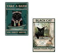 CREATCABIN 2 pz Divertente Bagno Citazione Targa in Metallo Metallo Vintage Gatto Nero Lavarsi Le Zampe Segno Fai Un Bagno Sporco Hippie per Bagno Cucina Cafe Decorazione della Parete, 8 x 12 Pollice