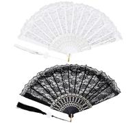 CREATCABIN 2 pz. Ventaglio Pieghevole in Pizzo Bianco e Nero Stile Lolita con Ricamo per Spettacoli di Danza Feste Matrimoni Feste del tè Portatile con Raffreddamento Manuale 247x455x20mm