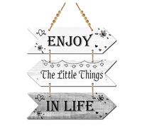 CREATCABIN 3 Pezzi in Legno Goditi Le Piccole Cose della Vita Segno Freccia in Legno Placca Appendere Decorazione Parete Agriturismo Cucina Rustica Foro per Sala Pranzo in Casa (Colore Grigio Scuro)