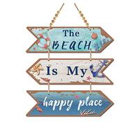 CREATCABIN 3 Pezzi Legno La Spiaggia È Il Mio Luogo Felice Cartello Freccia Legno Appendere Placca Decorazione Parete Agriturismo Cucina Foro per Sala Pranzo Casa Soggiorno (Colore Turchese Scuro)
