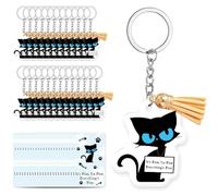 CREATCABIN 36 Set Portachiavi A Forma Gatto Nero in Acrilico Sfuso Anelli Congiunzione e Ciondolo Nappa Biglietti Incoraggiamento Regali Supporto Emotivo Colleghi Dipendenti Personale 3.4x4cm