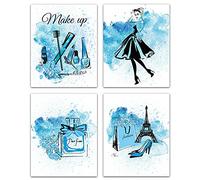 CREATCABIN 4pcs Fashion Canvas Wall Art Print Poster Set Blu Tacchi Alti Abito Profumo Trucco Decorazioni per La Casa Arte della Parete Opere d'Arte Moderna per Ragazze Regalo 8 x 10 Pollici