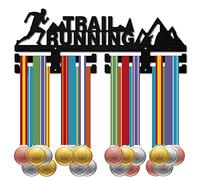 CREATCABIN Appendiabiti Medaglie Trail Running Porta Medaglie Sportive Parete in Legno Nero Appendiabiti Telaio Gancio Espositore Nastro per Casa Distintivo 2 Riga 20 medaglie Corridore Atleta Regalo