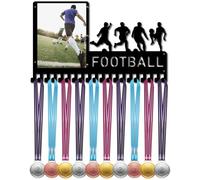 CREATCABIN Appendiabiti per Medaglie di Calcio Espositore Porta Medaglie di Calcio con Cornice per Foto Sport in Metallo Appeso Premi per Atleti Supporto A Parete con 20 Gancio per Medaglie 42x25cm