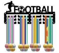 CREATCABIN Appendini per Medaglie da Calcio Porta Medaglie Espositore per Medaglie Piccole in Metallo Organizzatore per Targhe Appendiabiti da Parete per Calcio Nero con 12 Gancio per Premi 29x13cm