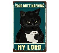 CREATCABIN Black Cat Metallo Targa in Metallo I Tuoi Tovaglioli My Lord Poster Vintage Retro Art Murale Appendere in Ferropinto Targa Animalivertenti per Casa Cucina Bagno Wall Art Decor 30x12cm