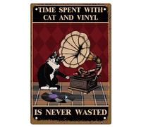 CREATCABIN Black Cat Targa in Metallo in Metallo Decor Il Tempo Trascorso con Gatto e Vinile Non È Mai Sprecato Poster in Metallo Kitty Wall Art Decor Targhe per Bagno Giardino Decorazioni 20 x 30cm
