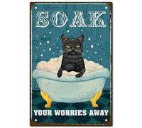 CREATCABIN Black Cat Targa In Metallo In Metallo Soak Your Worries Away Signs Vintage Bagno Ferro Sign Painting Poster Plaque Retro Murale Appeso Wall Art Decor per Ristorante Home Cafe Toilet 20x30cm