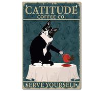 CREATCABIN Black Cat Targa Vintage in Metallo Targa in Metallo Poster CATITUDE Coffee CO Serve Yourself Targa per Pittura retrò Targa in Ferro Decorazione da Parete Arte Murale da Appendere 30x20cm