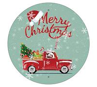 CREATCABIN Buon Natale Rotondo Targa in Metallo Albero Metallo Babbo Natale Fiocco Neve Retro Vintage Poster Placca Parete Festa Natale Forniture Regalo Giardino Caffetteria All'Aperto 12 Pollice