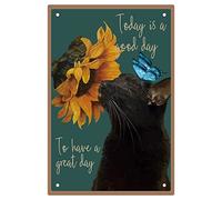 CREATCABIN Cat Wall Art Girasole Targa in Metallo Black Cat Decor Vintage Retro Ferro Appendere Pittura Poster per Interni Esterni Caffetteria Fattoria Giardino Decorazioni Divertenti Regalo 30x20cm