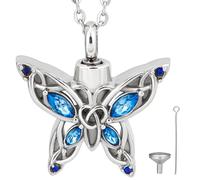 CREATCABIN Collana Urna Crematoria A Forma Farfalla Ceneri Gioielli Cremazione Mini Strass Blu in Acciaio Inossidabile Argento Ciondolo Commemorativo Collana Urna Cristallo Perno A Imbuto 54.3cm
