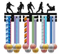 CREATCABIN Espositore Medaglie da Calcio Cornice Rack Porta Medaglie da Calcio Sport da Appendere Montaggio A Parete in Legno Decorazione Mensole Ganci Medaglie Nere 12 Gancio Nastro 40x15cm